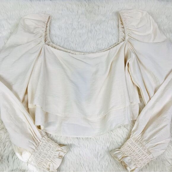 GIANNI BINI Ivory Puffed Sleeve‎ Cropped Peasant Blouse Top Square Neck Medium - Picture 2 of 8